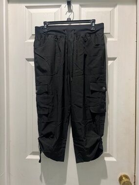 Women's Black Cargo Capri Light Weight Pants with Drawstring Waist